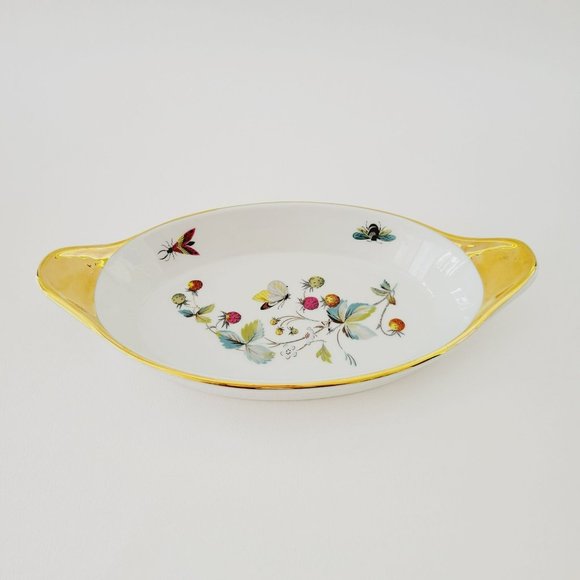 Royal Worcester Strawberry Fair Gold Trim Oval Baking Dish Size 9 Butterflies - Picture 12 of 15